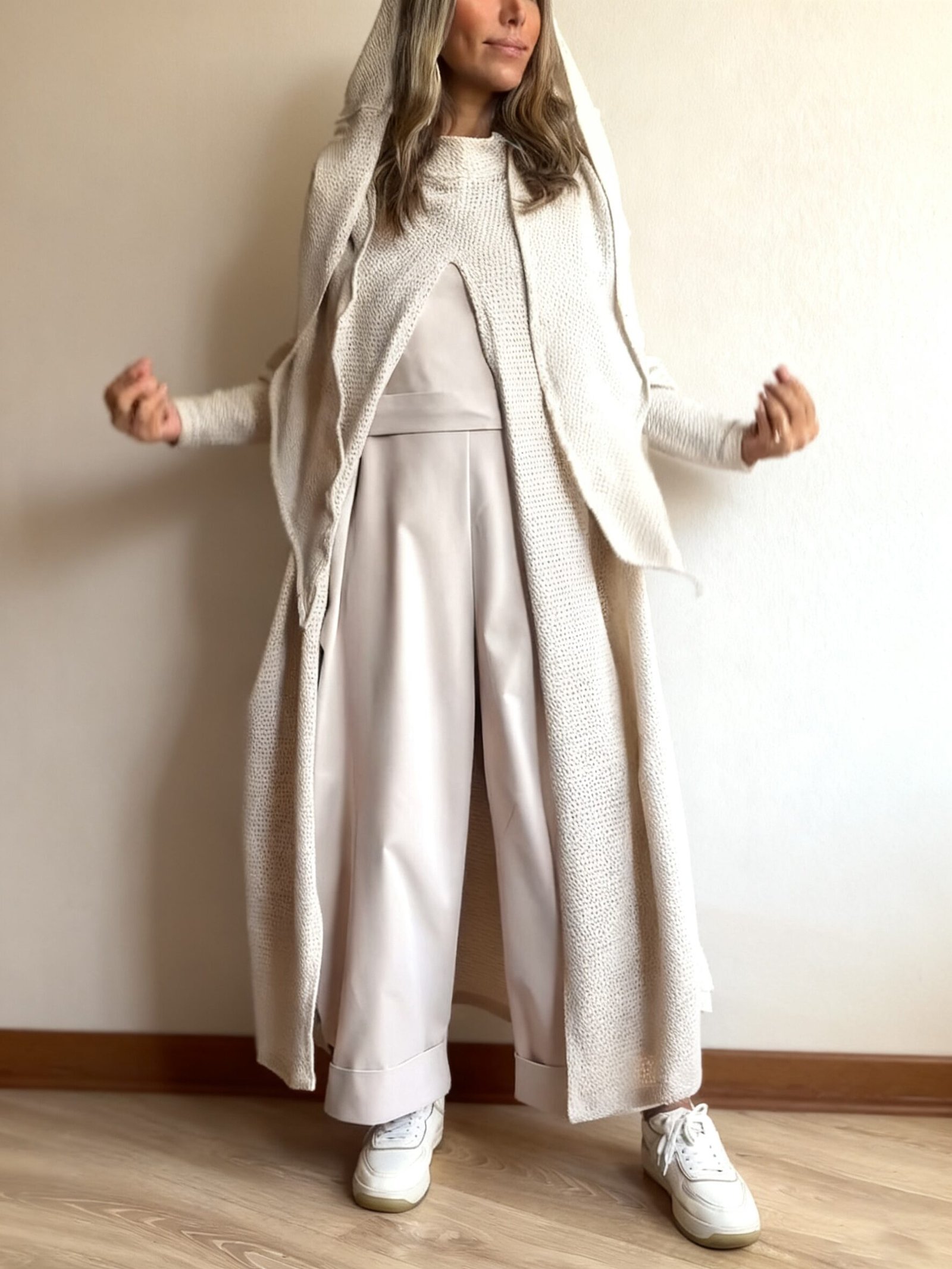 Beige Knit Hooded Duster Top