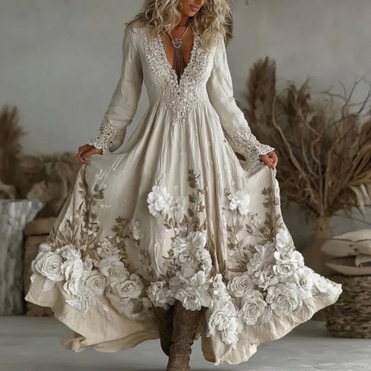 Retro Bohemian Rose Embroidered Linen Loose-Fit Long Dress - Image 3