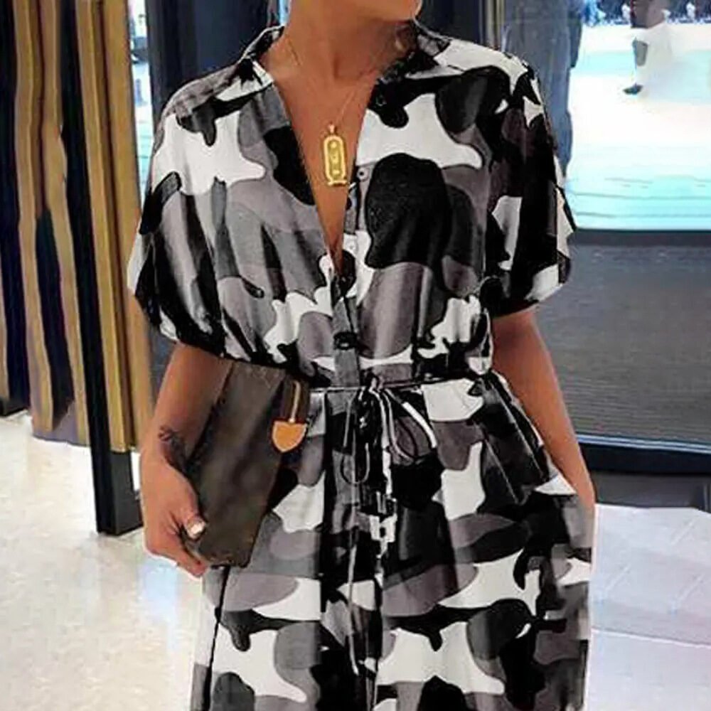 Women's Camo Short Sleeve Lapel High Waist Casual Loose Jumpsuit - Image 3