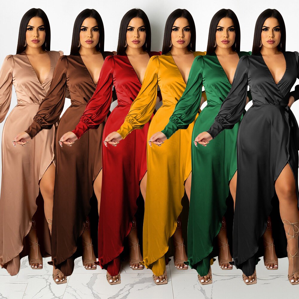Fashionable V-Neck Silk Face Solid Color Lace Irregular Long Dress