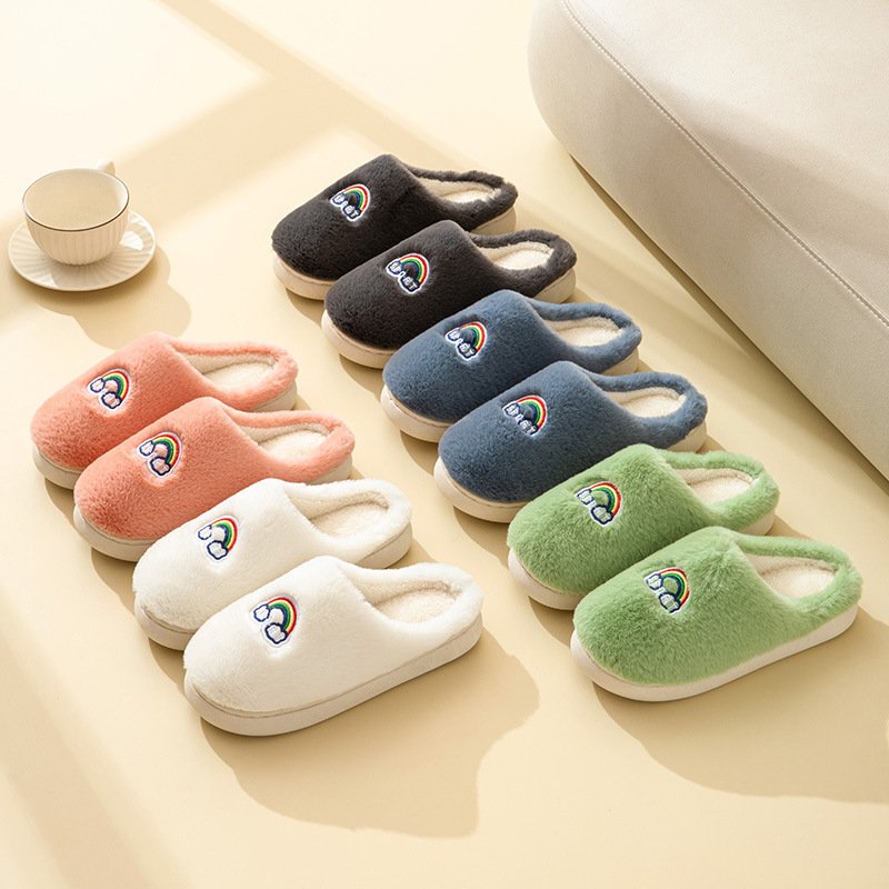 Kawaii Rainbow Embroidered Slippers Warm Slip On Plush Shoes Couple Indoor Home Slippers Winter - Image 7