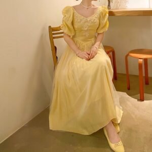 French Small Number Of Satin Dress For Women, Waistline Shows Thin Mesh Splicing Princess Skirt