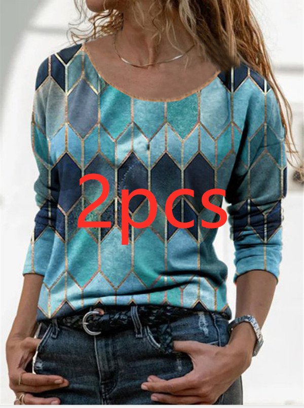 Long sleeve retro geometric print casual top T-shirt - Image 2