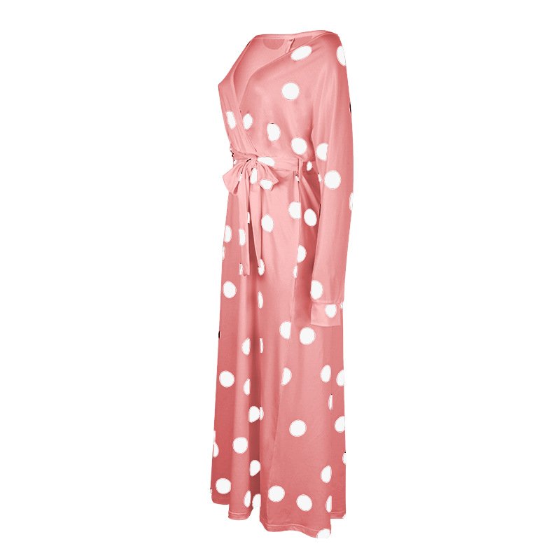 Polka Dot Print Long Sleeve V Neck Off Shoulder Dress - Image 7