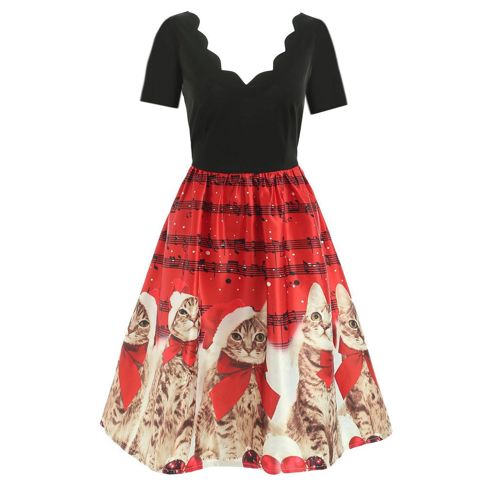 Hepburn style wave V-neck short sleeve printed dress - Image 5