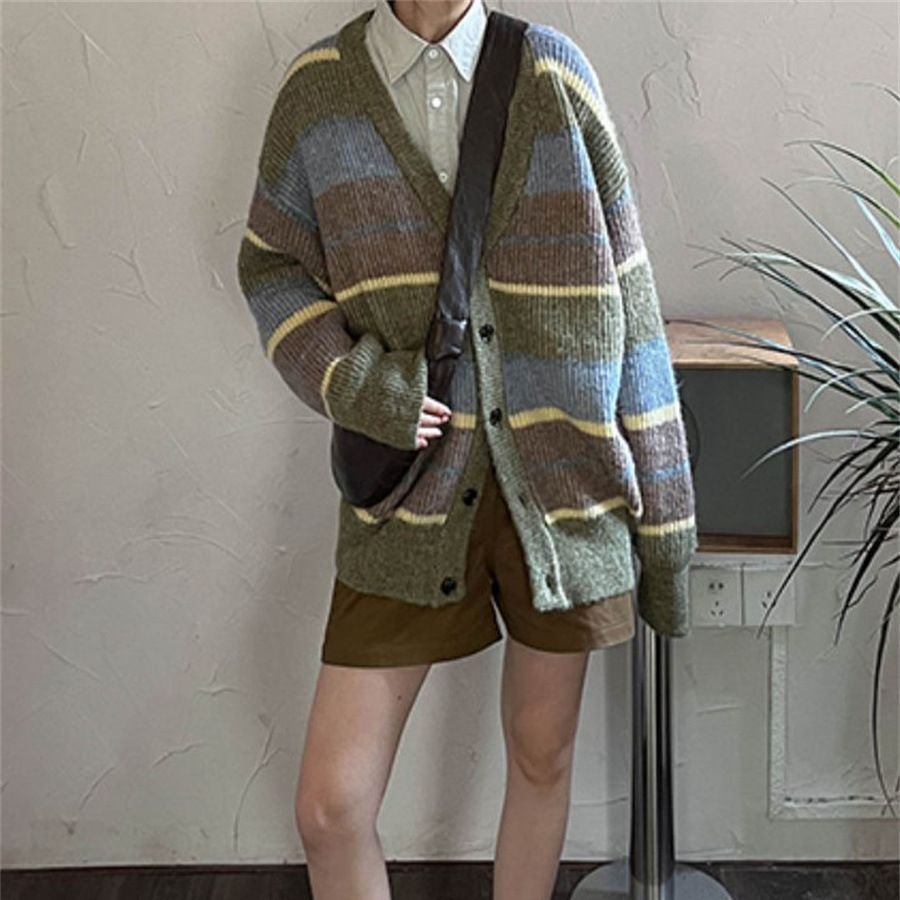 V-neck Japanese Lazy Style Retro Striped Sweater Coat Women - Image 4