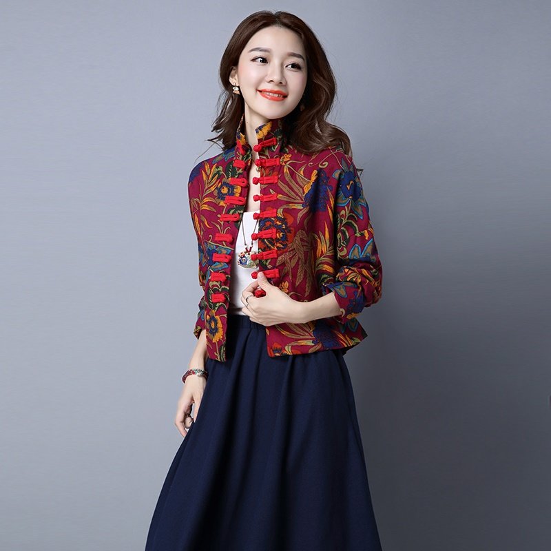 Tang Suit Short Coat With Ancient Print Disc Button - Image 2