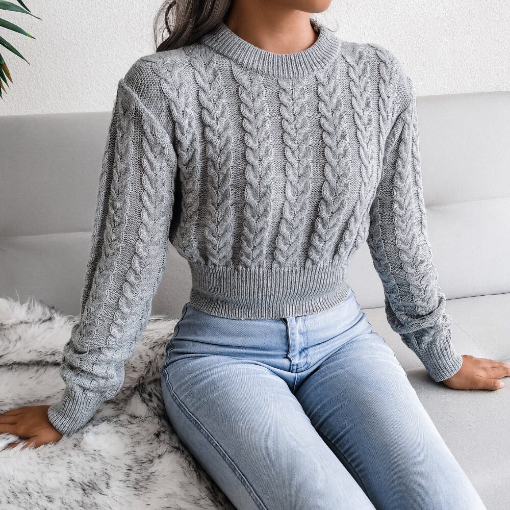 Cable Knit Waist Cinched Cropped Sweater - Image 7
