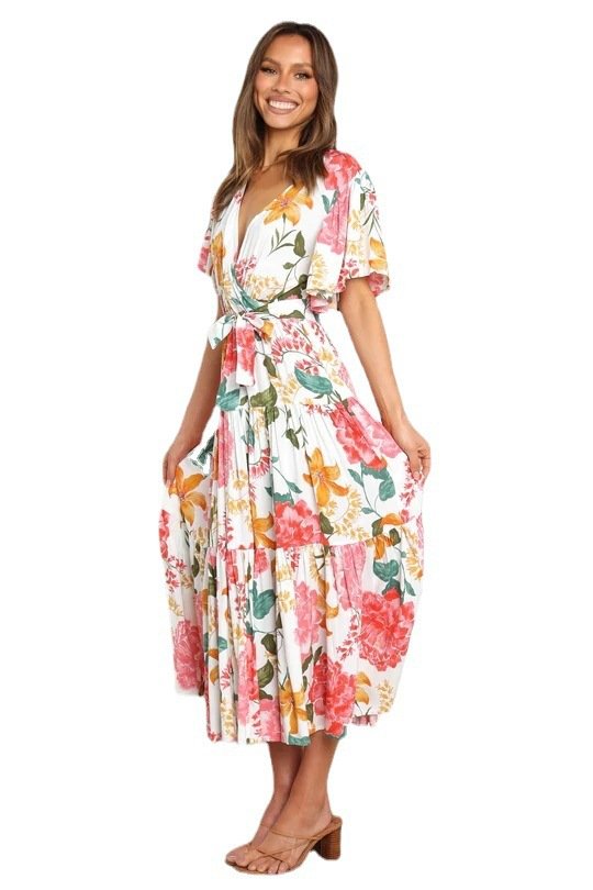 V-Neck Commuter Print Short Sleeve Nipped Waist Bohemian Dress - Image 4