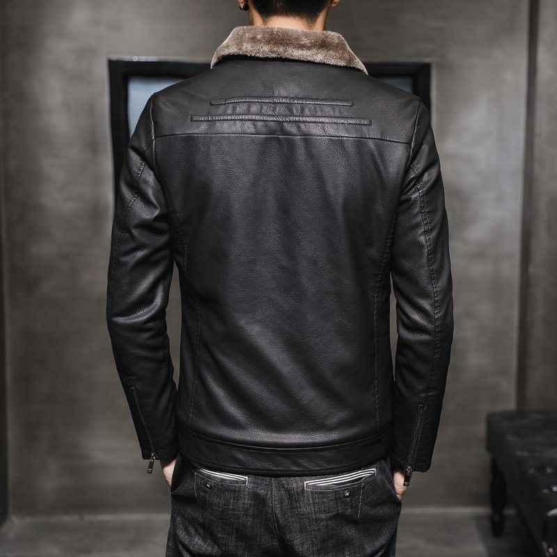 Lapel Plus Velvet Thick Fur One Leather Jacket - Image 2