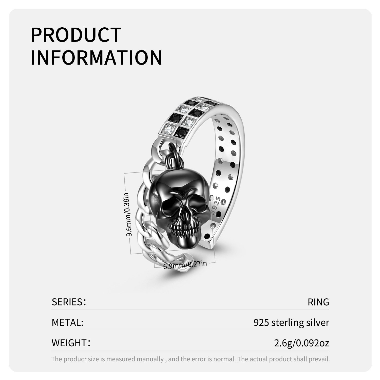 Black And White Mosaic Skull S925 Sterling Silver Ring - Image 2