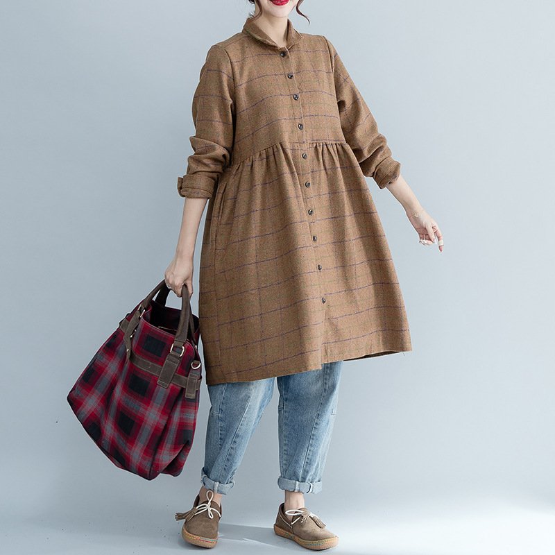 Mori women's autumn and winter new college wind wool long-sleeved long dress thick plaid skirt