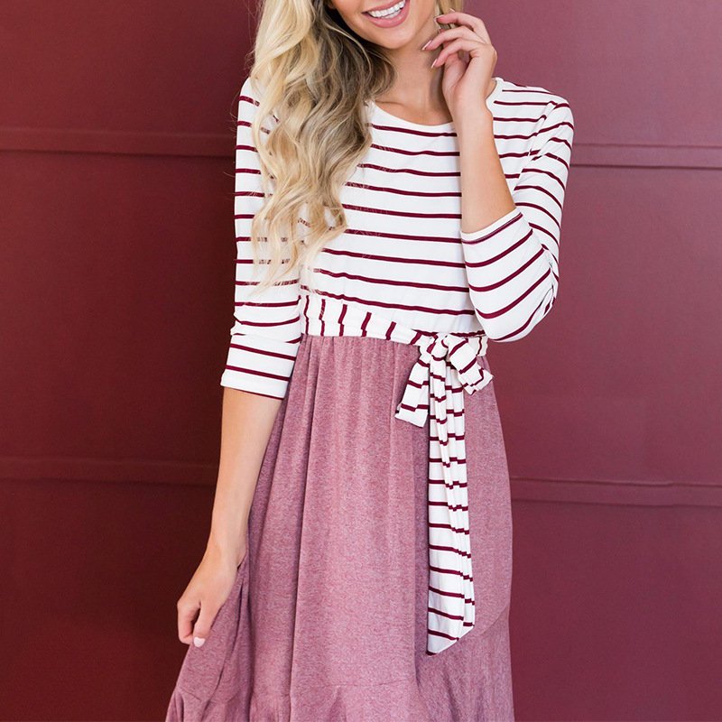 Striped Long-Sleeved Stitching Lace Casual Irregular Dress - Image 4