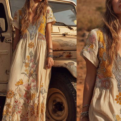 Retro Bohemian Rose Embroidered Linen Loose-Fit Long Dress - Image 11