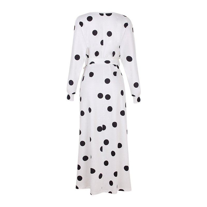 Polka Dot Print Long Sleeve V Neck Off Shoulder Dress - Image 26
