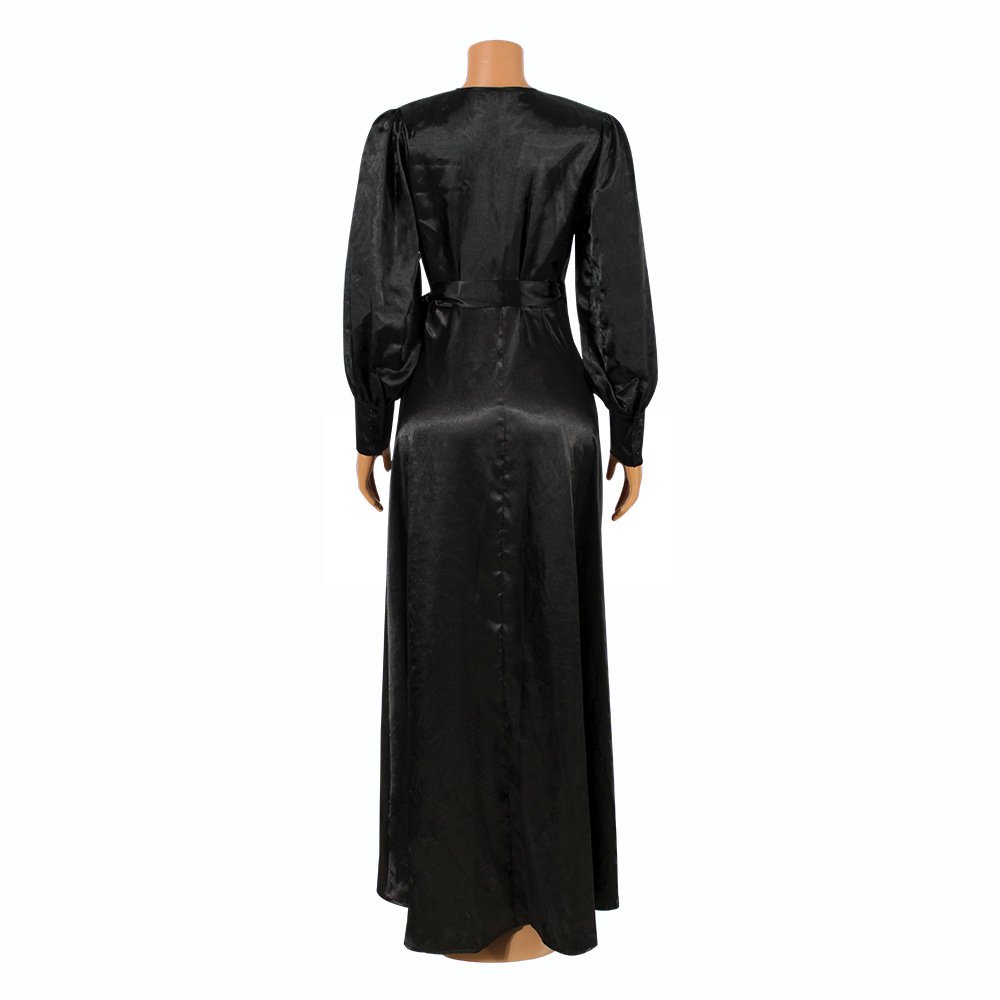 Fashionable V-Neck Silk Face Solid Color Lace Irregular Long Dress - Image 16