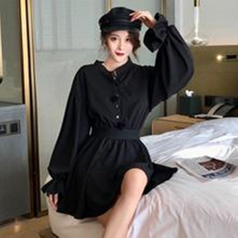 Puff sleeve girl looks thin and super fairy and fluffy little black dress - Image 4