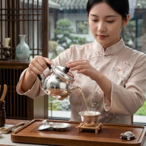 925 Sterling Silver Elegant Hand-Hammered Sterling Silver Teapot with Dark Wood Handle and Lid Finial - Handicraft