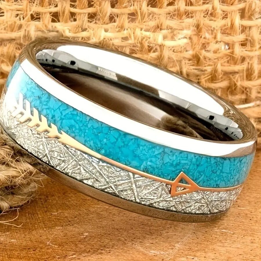 8mm Wide Men's And Women's Fashion Trend Silver Wood Grain Arrow Stainless Steel Ring - Image 2
