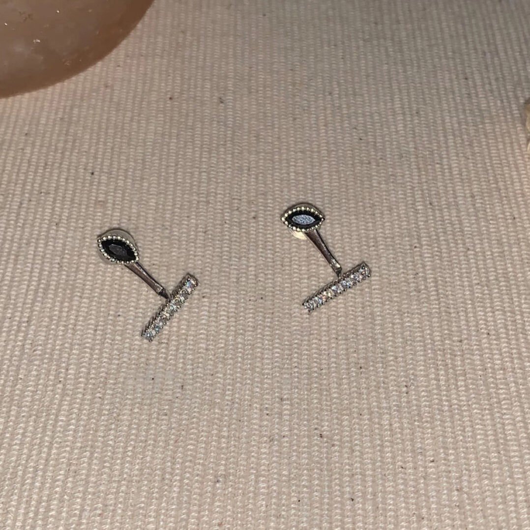 1 Pair 999 Sterling Silver Marquise Black Zircon Convertible Stud Earrings, Minimalist & Elegant, Perfect For Daily, Dating & Business, Ideal Valentine's Gift