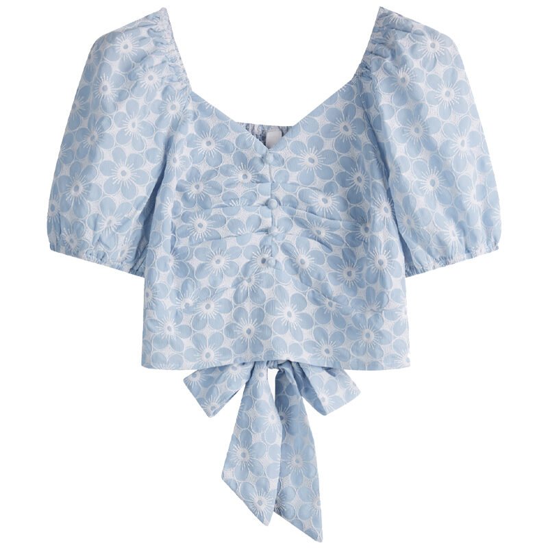 Women's Short Sleeve Thin Floral Puff Shirt - Image 4