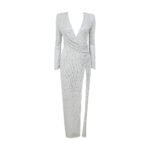 Autumn new long-sleeved V-neck high waist sequin split skirt dress