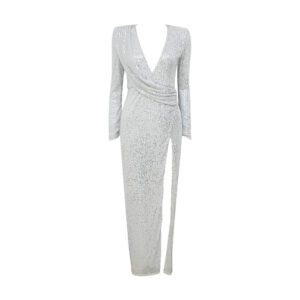 Autumn new long-sleeved V-neck high waist sequin split skirt dress