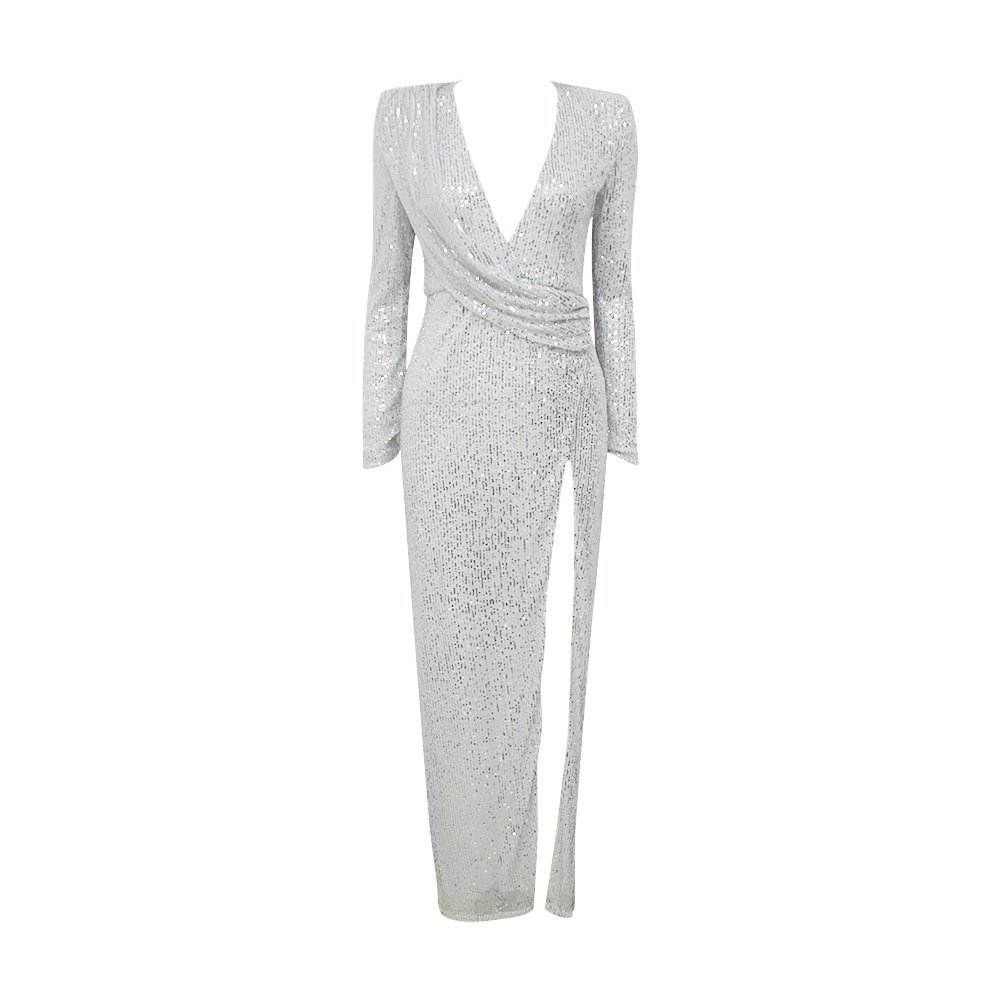 Autumn new long-sleeved V-neck high waist sequin split skirt dress