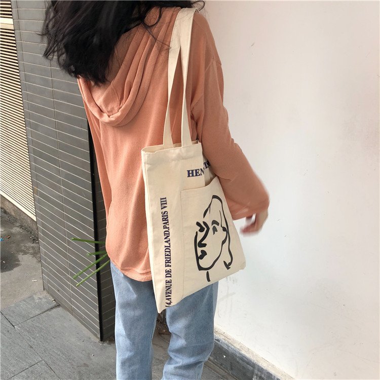 Korean Ins With The Simple Paragraph Female Print Canvas Bag Shoulder Bag Wild Outer Pocket Literary Cloth Bag - Image 4