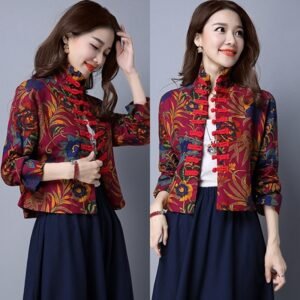 Tang Suit Short Coat With Ancient Print Disc Button