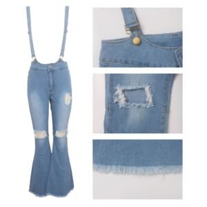 High waist denim flared pants with straps