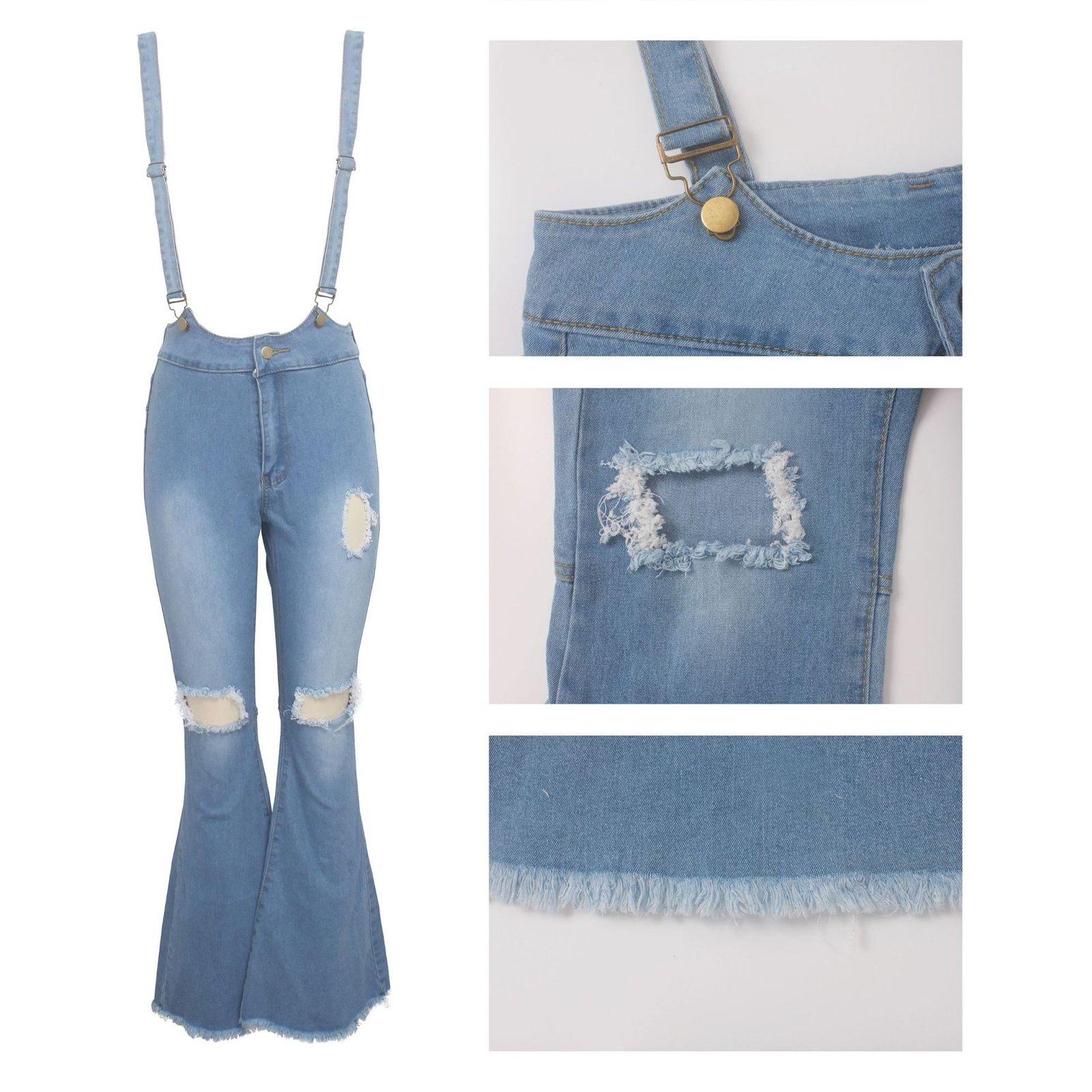 High waist denim flared pants with straps