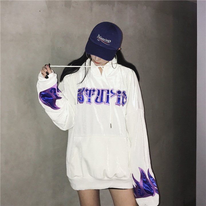 new Korean version of Harajuku high-end embroidery flame letter plus velvet drawstring hooded velvet sweater - Image 4