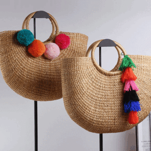 Pure-color handmade Mori Nv Korean version cotton and hemp beach knitting lady straw wrapping rattan wrapping bamboo wrapping shoulder straw wrapping