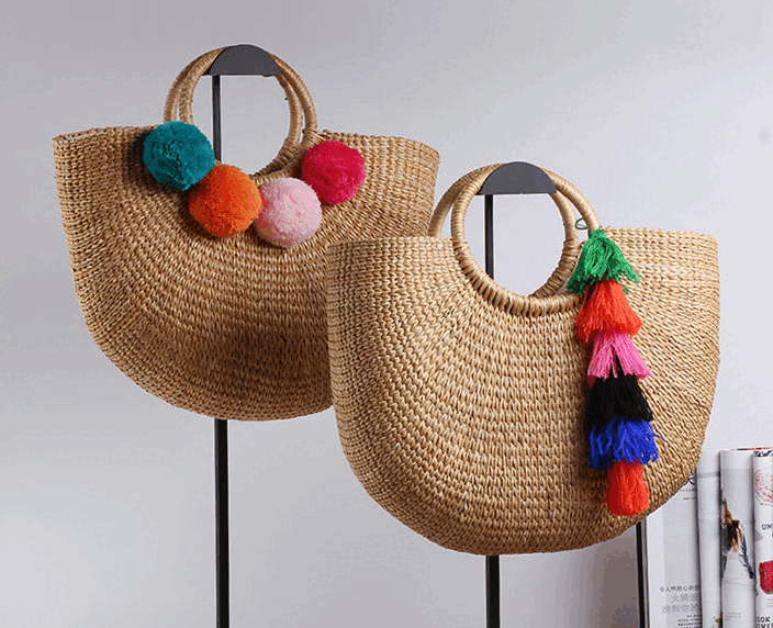 Pure-color handmade Mori Nv Korean version cotton and hemp beach knitting lady straw wrapping rattan wrapping bamboo wrapping shoulder straw wrapping