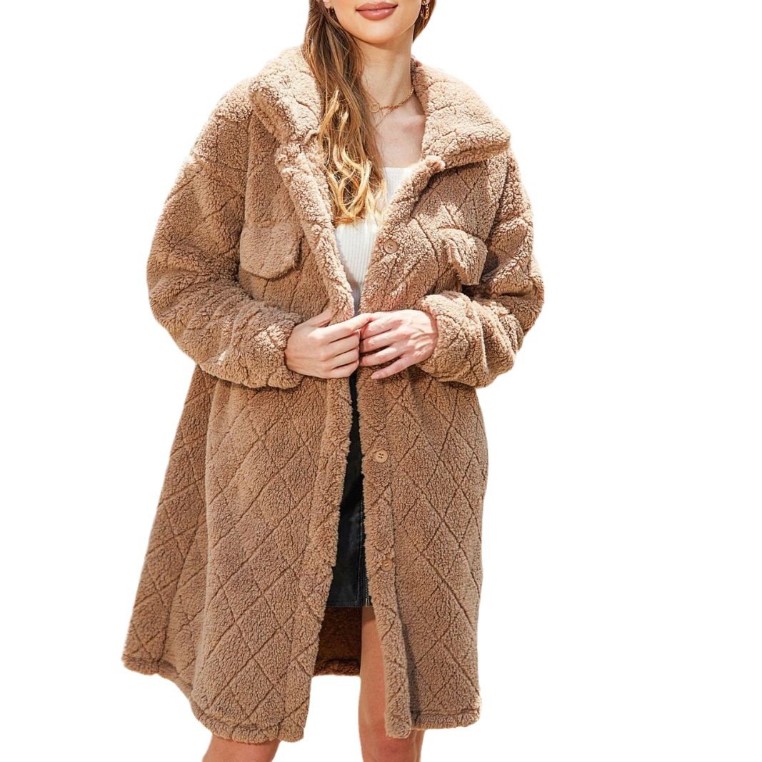 Women's Plush Loose Single-breasted Diamond Coat Overcoat - Image 2