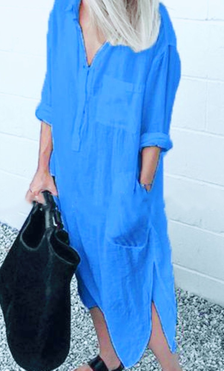 Elegant Solid Color Slit Dress Long Shirt Dress - Image 2