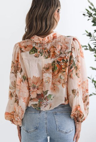 Brown Floral Puff Sleeve Lightweight Shirt - Image 6
