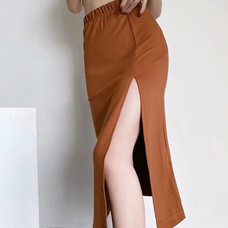 Women's Solid Color High Slit Mid-Length Bag Hip Skirt - Image 2