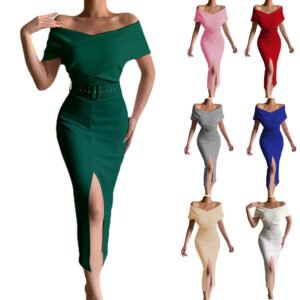 Women's High-end Temperament Off The Shoulder Belt Slit Skirt