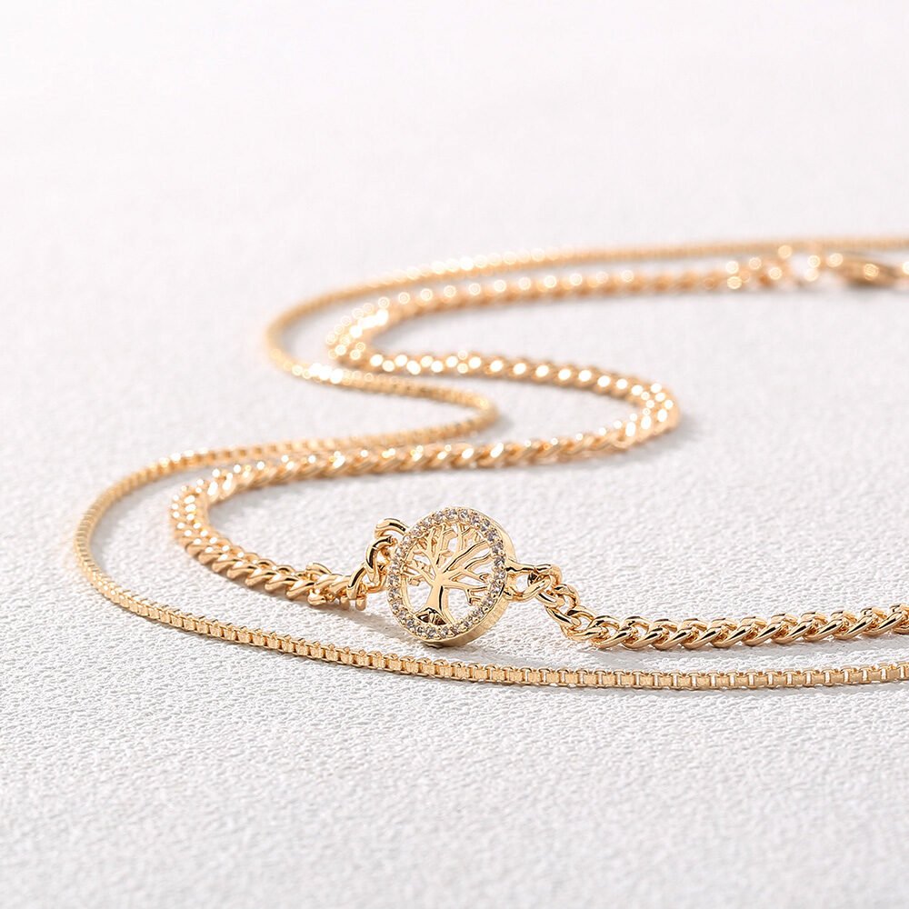 Gold Round Tree Of Life Copper Micro-Set Zircon Multilayer Necklace Accessory - Image 3