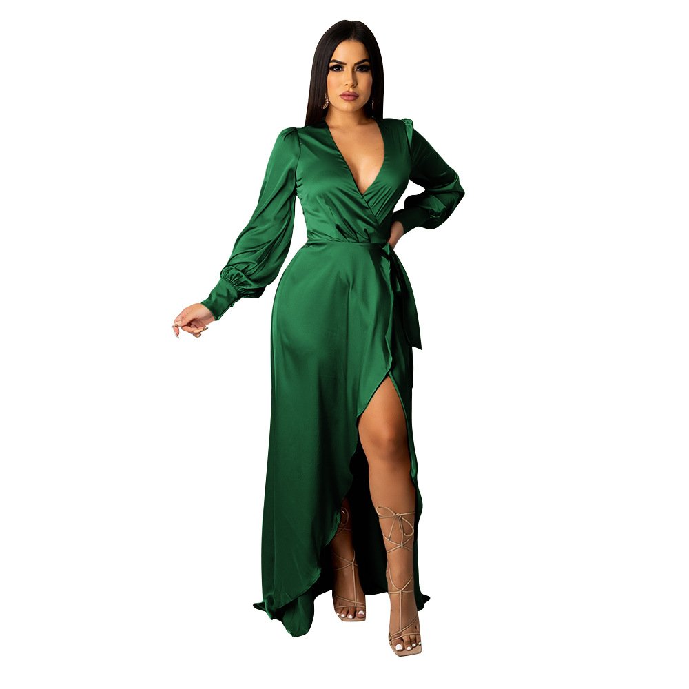 Fashionable V-Neck Silk Face Solid Color Lace Irregular Long Dress - Image 11