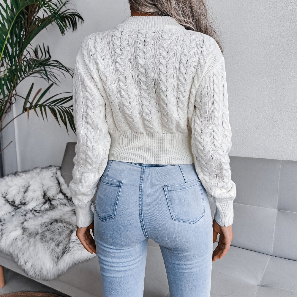 Cable Knit Waist Cinched Cropped Sweater - Image 3