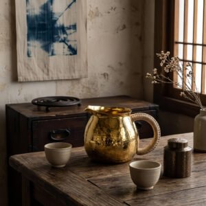 Pure 999 Fine Silver Elegant Hammered Brass Pitcher Featuring a Natural Woven Rattan Handle - Handicraft