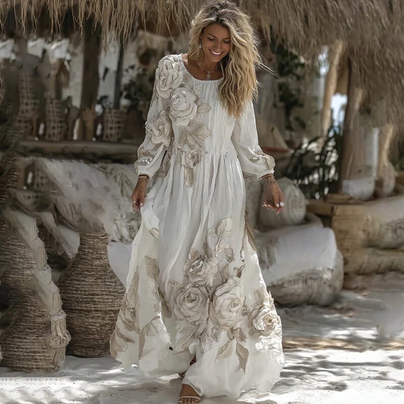 Retro Bohemian Rose Embroidered Linen Loose-Fit Long Dress - Image 6