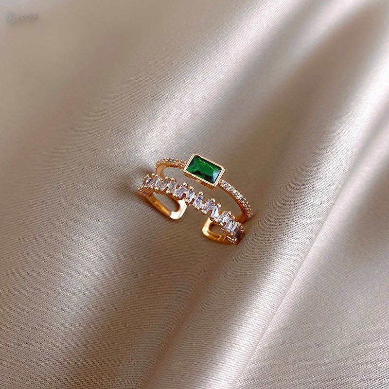 Retro Malachite Green Diamond Double-layer Ring Female Ins Tide Niche Index Finger Ring Simple Temperament Net Red - Image 5