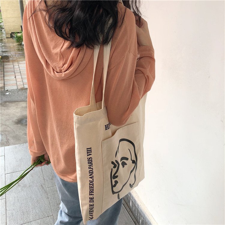 Korean Ins With The Simple Paragraph Female Print Canvas Bag Shoulder Bag Wild Outer Pocket Literary Cloth Bag - Image 2