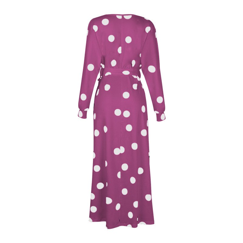 Polka Dot Print Long Sleeve V Neck Off Shoulder Dress - Image 22