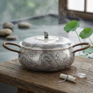 925 Sterling Silver Exquisite Silver Dragon Tureen with Wrapped Handles and Ornate Relief Carvings - Handicraft