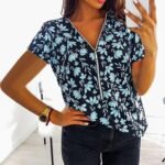 V Neck Zip Top Print Women's Casual Short Sleeves